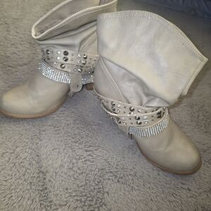 Mojo Moxy Beige Rhinestone Studded Ankle Boots